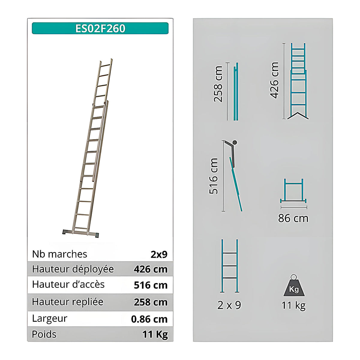Échelle coulissante 2 plans 8m 9