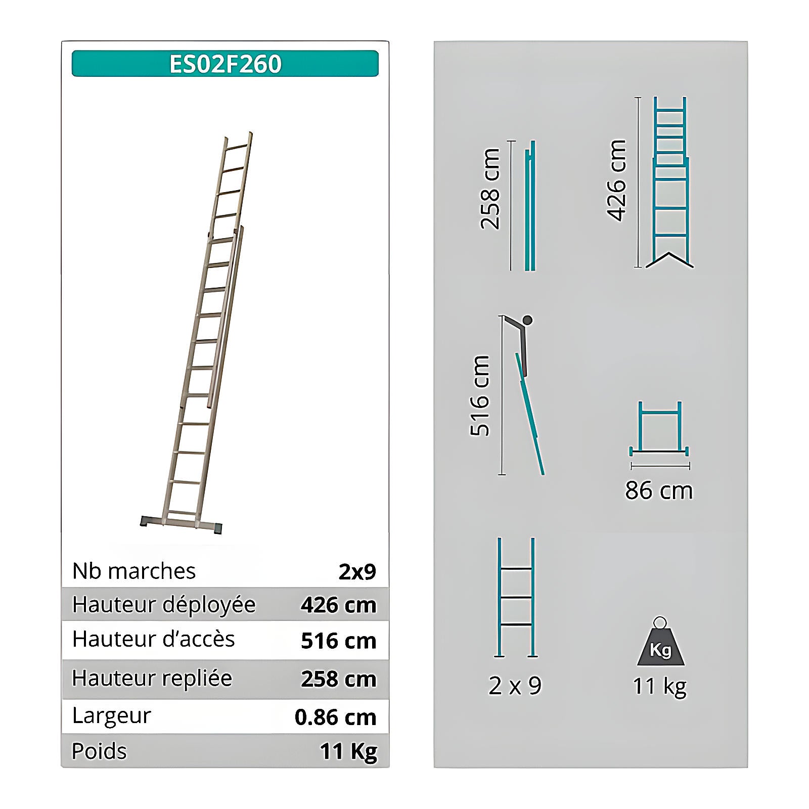 Échelle coulissante 2 plans 8m 9